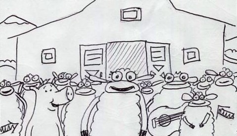 Lady Sheep sings. All sheep but Sure Sheep enter frame. They cheer and walk toward barn.
