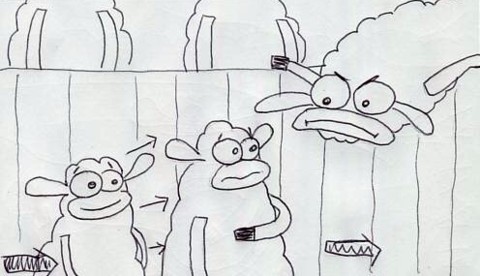 Tad Morphs older. A Sure Sheep stares at him.