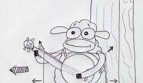 Tight on banjo. Widen to reveal Tad practicing. Tad exits left.