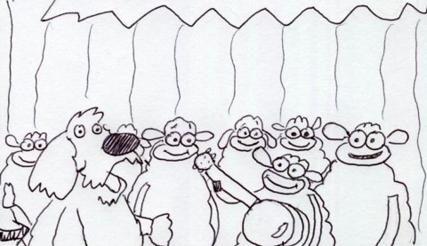 Sheep surround Tad. Sam enters.
