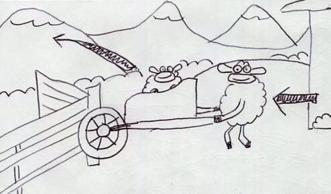 Wheelbarrow Sheep enter right.  They hit the fence.  Sheep gets ejected and flies through the air.
