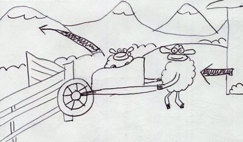 Wheelbarrow Sheep enter right. They hit the fence. Sheep gets ejected and flies through the air.