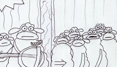 Pan over to reveal old Sure Sheep. Tad turns around for over his shoulder shot.