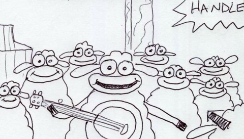 Tad turns around to start the final song. The old sheep run into shot.