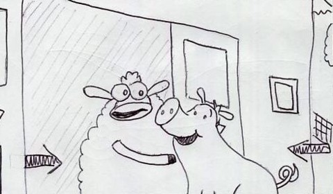 Sheep enters left from barn. Pig enters from right and meets sheep.