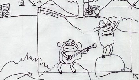 Tighten in on Guitar Sheep and Tappin' Sheep on rocks.  Out of focus Swing Sheep in background.