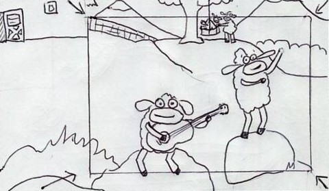 Tighten in on Guitar Sheep and Tappin' Sheep on rocks. Out of focus Swing Sheep in background.